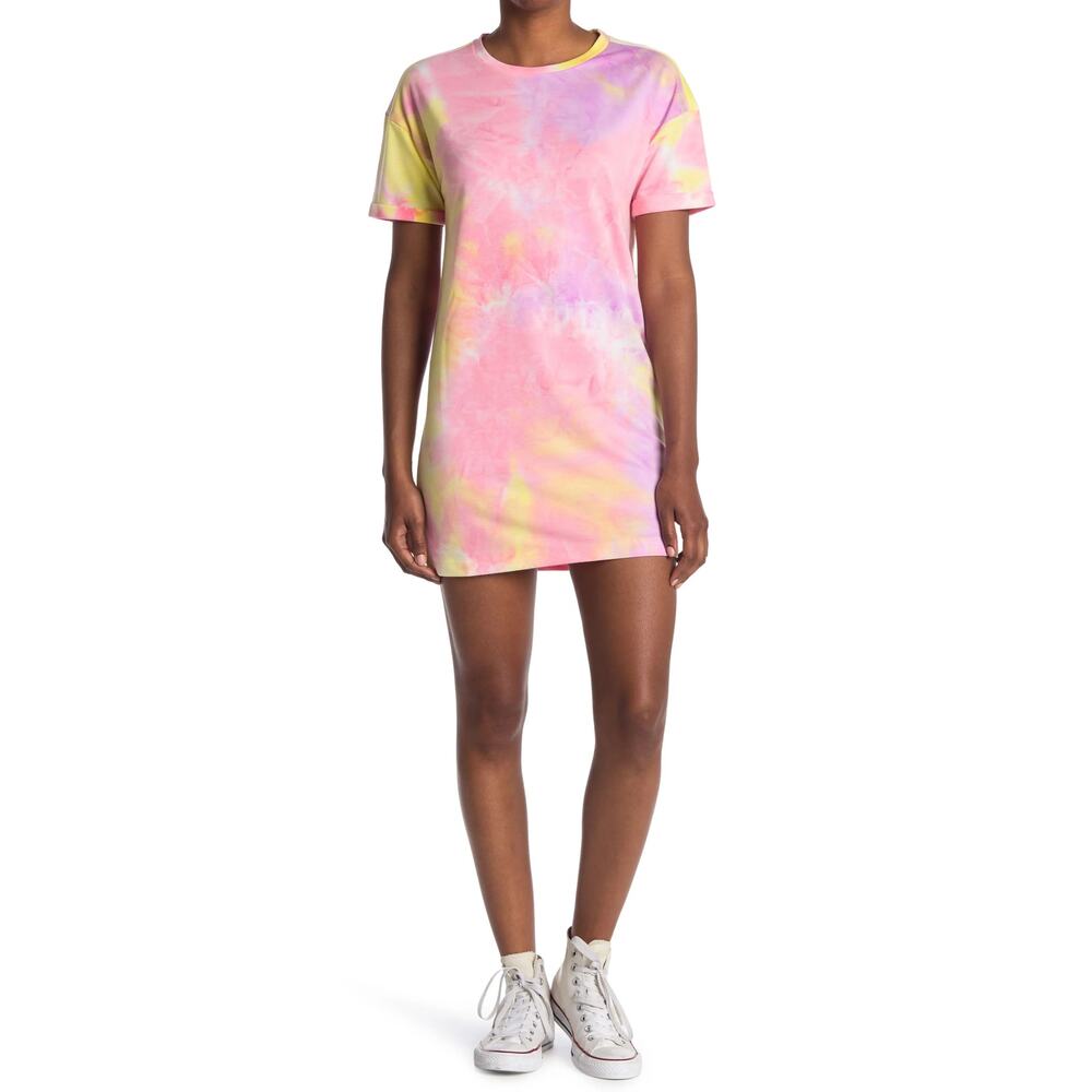 Elodie T Shirt Dress‎ Womens Large Pink Yellow Tie Dye Pastel Crewneck Soft Girl